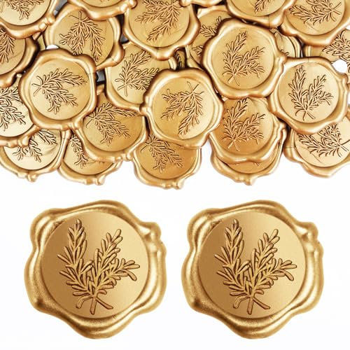 CoKeeSun 50 Stück Goldene Wachssiegel Selbstklebend, Wachssiegel Aufkleber Vintage, Siegelaufkleber Hochzeit, Klassische Dekoration für Einladungen, Umschläge, Geburtstage und Partys (Rosmarinmuster)