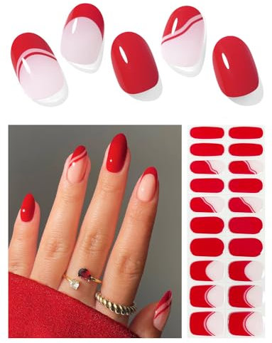 AutyaMee Semi Cured Gel Nail Strips (Red French), 20 Pcs Gel Nail Wraps, Stickers, UV Light Required, Salon Quality, Long Lasting
