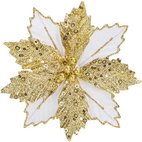 Arborus Christbaumdeko 8 Stück Künstlicher Weihnachtsstern Weihnachtsblumen Glitzer Weihnachtsbaumschmuck Gold Kunstblume mit Clips Winter Blumen für Christbaum Weihnachtskranz Weihnachten Deko