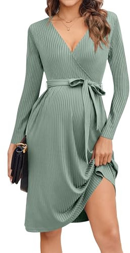 tiorhooe Women Maternity Nursing Dress Long Sleeve V-Neck Pregnancy Dress Tie Waist Maternity Midi Dress