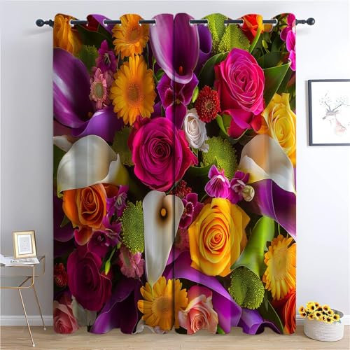 CozyRest Blickdichte Gardinen Bunte Blumensträuße aus Rosen und Calla-Lilien Verdunkelungsvorhang - Lichtundurchlässige Vorhang mit Ösen für Schlafzimmer Geräuschreduzierung 260 x 140 cm, 2er Set