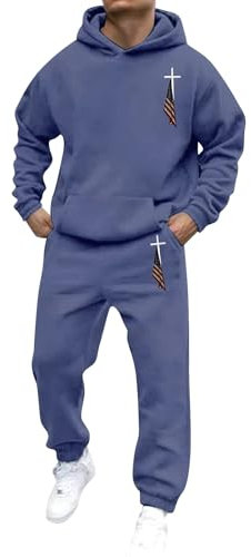 LinRim Tuta da jogging da uomo, tuta da uomo, tuta sportiva, tuta per il tempo libero, pantaloni da jogging + felpa con cappuccio da uomo con bandiera USA, con stampa in pile, felpa con cappuccio, Blu