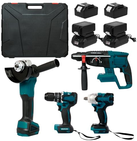 QQ CAT 21V Cordless Brushless 4-Tool Combo Kit with 4 x 1.5Ah Batteries -Angle Grinder, Drill, Electric Hammer, Impact Wrench,- Professional Power Tool Set for DIY & Construction (Includes Carry Case)
