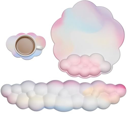 JIKIOU Cloud Mouse Pad Wrist Support, Upgrade Enlarge Leather Mouse Pads Keyboard Wrist Rest, Comfortable Memory Foam Wrist Rest for Computer Laptop Mac Gaming Office and Pain Relief Rainbow