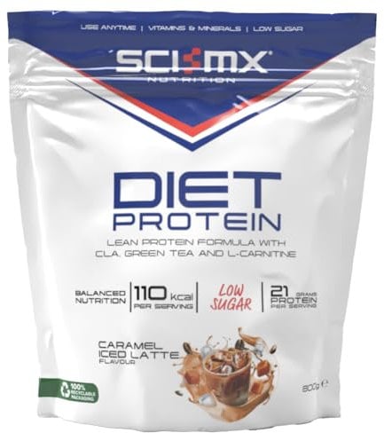 SCI-MX Diet Whey Protein Powder + Vitamins & Green Tea, CLA & L-Carnitine - Caramel Iced Latte • Low Sugar • 21g Protein + 110 Calories per Serving • 800g