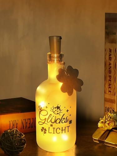 APODESS Glückslicht Led Flaschenlicht Mit Spruch Glücksbringer Kleeblatt Flaschenpost Viel Glück Geschenke Silvester Geburtstagsgeschenk Für Frauen Led Flasche Geschenkideen Für Weihnachten Hochzeit