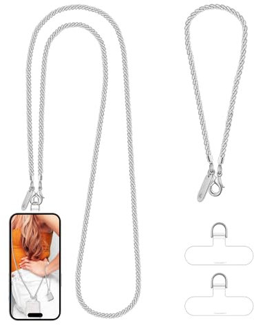 UKON Mobile Phone Lanyard Crossbody and Wrist Strap Set, Metal Phone Chain Neck Strap for Women Anti Theft iPhone Lanyard Strap with Tether Tabs, Detachable iPhone Chain for Women Girls (Light Silver)