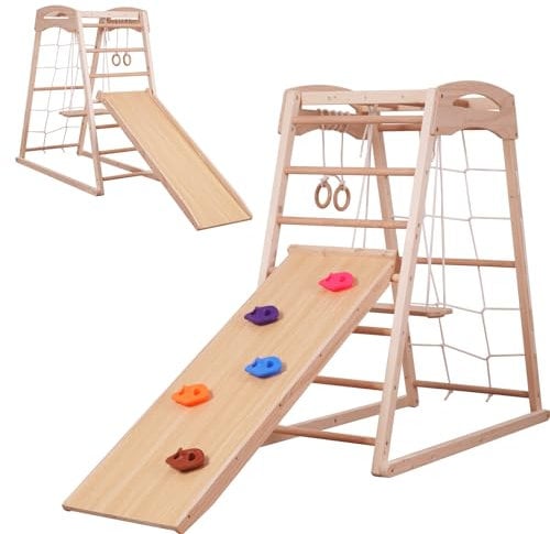 Sinbide 7-in-1 Multifunktionales Hochwertiges Holz-Klettergerüst, Kinder-Indoor-Turnhalle mit Rutsche, Kletternetzen, Kletterfelsen, Turnringen, Stangen, Leitern und Schaukeln,mittelgroße Spielplätze