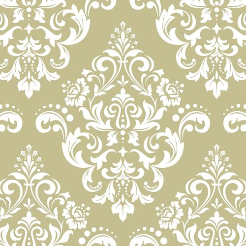 VaryPaper Beige Damask Peel and Stick Wallpaper 44.5cmx200cm Patterned Sticky Back Plastic Lining Paper for Wall Beige Wallpaper for Living Room Hallway Vinyl Wrap for Furniture Cupboards Shelf Liner