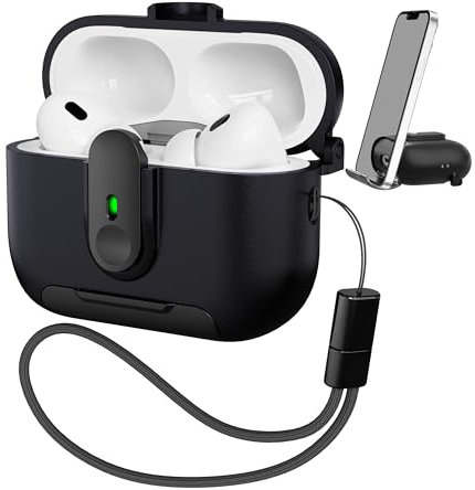 MHYALUDO AirPods Pro 2 Hülle mit Verschluss & Militärischem Fallschutz, Staubdichte Ladestandsocke, Lanyard & Kratzfeste Hülle für AirPods Pro 2. Generation mit sichtbarer LED, Schwarz