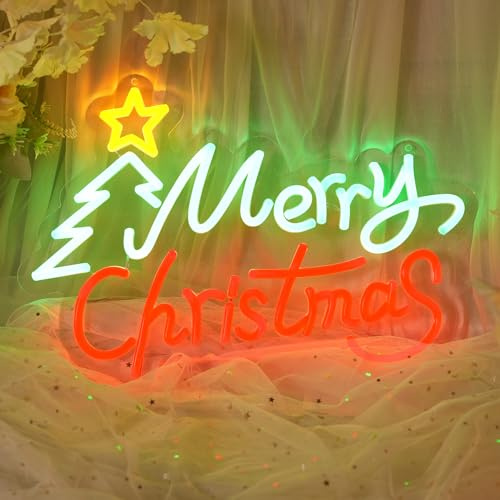 YALLOVE Merry Christmas Neon Schild 46.4 x 27.8CM, Dimmbare LED-Neonreklame Weihnachts für die Wanddekoration USB-betriebene Neonlichter für Schlafzimmer Wohnzimmer Weihnachtsfeier Bar Club
