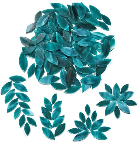Filhome 100pcs Petal Mosaic Tiles, Hand-Cut Stained Glass Flower Leaves Tiles for DIY Art Craft Home Decoration(Turquoise)