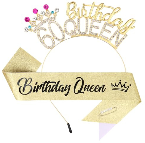 EXIPSAT 60. Geburtstag Krone Schärpe Set, Krone Tiara & Schärpe für 60 Geburtstag Frauen, Geburtstagskrone Party Accessoires Deko Geschenk