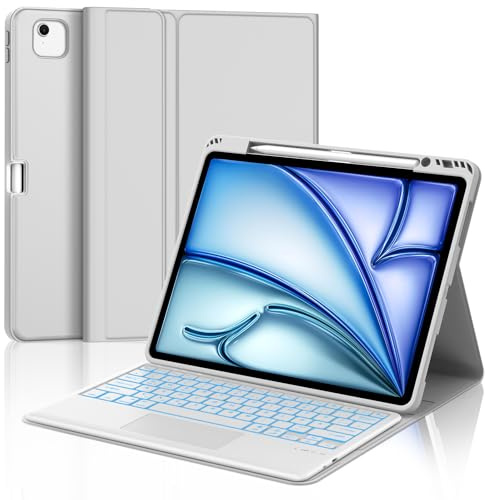 WAVATA Tastatur für iPad Air 13 M4 2026/M3/M2 (2025/2024) mit Touchpad, Hülle Tastatur für iPad Pro 12.9 6/5/4/3 Generation (2018-2022) Magnetische Beleuchtete Bluetooth QWERTZ Layout, Hellgrau