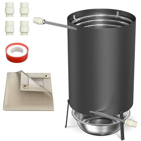 PEILU Feuertonne mit Heizspirale, Ø32mm/Ø38mm Anschluss, Feuerfeste Matte & Restasche Auffangwanne, Schwarz Gartendusche Heizungen Pool Beheizt Eimer Poolheizung mit Feuer für Schwimmbäd (1 Set)