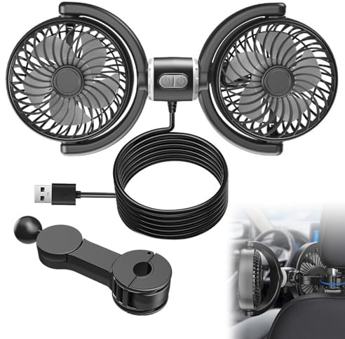 Auto Ventilator, 5V 2A Doppelkopf Kopfstütze Autolüfter, 12V USB Ventilator Auto mit 3 Speed, Auto Lüfter Zigarettenanzünder, 360° KFZ Kühlventilator, Ventilateur Voiture für LKW Van SUV RV, Leise