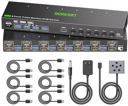 KVM Switch 2 Monitors 6 Computers HDMI + DisplayPort, 8K@30Hz/4k@144Hz Dual Monitor KVM Switcher, 2 Monitor KVM for 6 PC, Widely Used in Education, Scientific Research, and AI Office