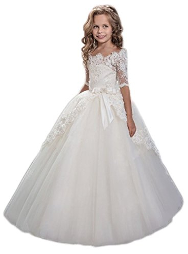 Beyonddress Mädchen Blumenmädchen Kleider Hochzeit Bodenlanges Kinderkleid Kommunionkleid Ballkleid Spitze Partyskleid(Elfenbein,10-11 Jahre)