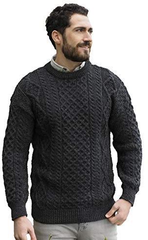 Aran Crafts Irish Soft Cable Knitted Wool Crew Neck Unisex Sweater (C1347-MED-CHAR) Charcoal