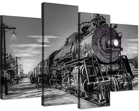 Hello Artwork Wall Art Prints auf Leinwand Vintage Schwarz und Weiß Dampf Zug Kohle Lokomotive Wand hängende Dekoration Kunstdruck Auto Bilder für Hause Geschenk gespannt gerahmt fertig zum Aufhängen