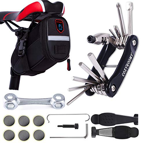 Fahrrad Reparatur Set Premium - 10-in-1 Multitool mit Kettenwerkzeug, Reifenhebern & wasserdichter Satteltasche | Inkl. 6 Reifenpflastern | Langlebig (Kohlenstoffstahl) | 6 Monate Garantie