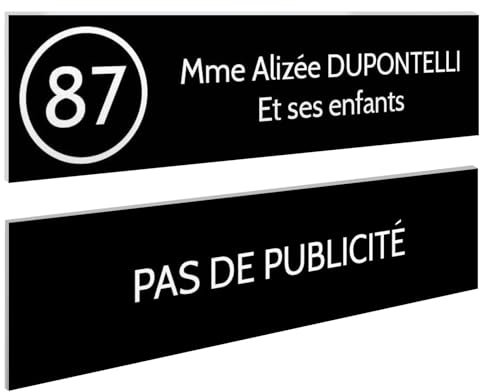 DECOHO - Plaque Boite aux Lettres Personnalisable - Lot de 2 plaques adhésives PMMA - Noir Lettres Blanches - 100x25 mm, Gravure Laser, s - Noir