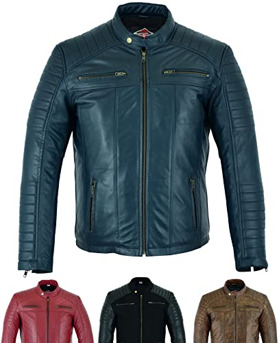 Texpeed Lederjacke herren schaffell echtleder - Lässige motorrad bikerstil jacke mantel Marine - L