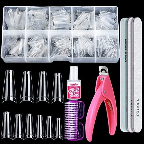Clear Nail Tips, Artificial French Acrylic Press on Nails Set, 500 Pcs Coffin Half Cover Natural False Nails with Nail Glue Nail Files Buffer Shiner Nail Clipper & Nail Brush by Teenitor,