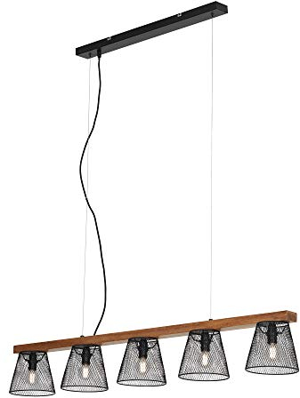 BRILONER Leuchten - Pendelleuchte, Pendellampe 5-flammig, retro, vintage, höhenverstellbar, Gitteroptik, 5x E14, max. 25 Watt, Metall-Holz, Schwarz, 1100x150x1360mm (LxBxH)