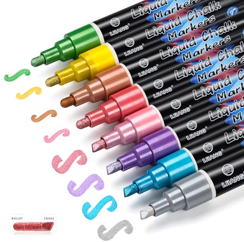 Chalk Markers 8 Metallic Color Set for Blackboard & Glass Surfaces-Erasable