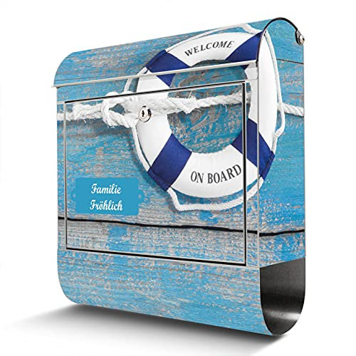 banjado® Briefkasten Edelstahl personalisiert Motiv Blauer Rettungsring 38x43x12cm & 2 Schlüssel - rostfreier Edelstahl Briefkasten mit Zeitungsfach - Postkasten A4 Einwurf inkl. Montagematerial