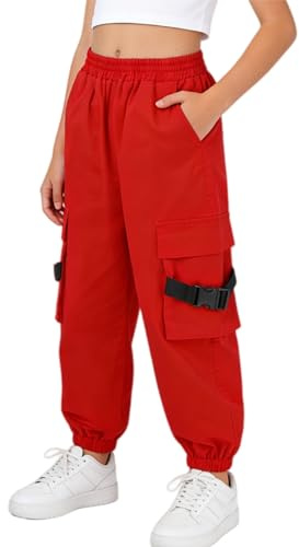 Rolanko Pantaloni Cargo per Bambini,Pantaloni da Jogging per Ragazzo e Ragazza Street Hip Hop Dance(Rosso,10-11 anni/150)