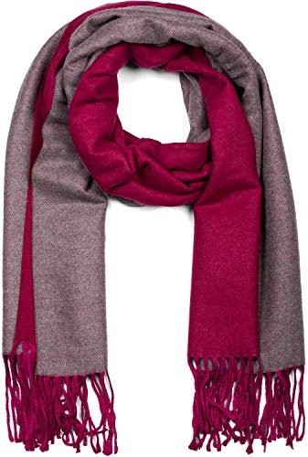 styleBREAKER Damen Schal in edler 2-Face Optik mit Fransen, 2 Farbig, Wendeschal, warme Winter Stola mehrfarbig 01017137, Farbe:Himbeer-Dunkelgrau