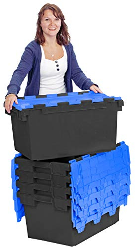 Plastor Pack of 5 - Large Plastic 80 Litre Heavy Duty Storage Boxes (71 x 46 x 36.8cm) Black and Blue LC3 Crates with Attached Hinged Lids