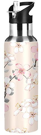 Vnurnrn Art Japonais Fleur De Cerisier Bouteille d'eau Isotherme avec Paille en Acier Inoxydable Gourde 600ML, Sans Bpa Gourdes Eau pour Enfant Sport Randonnée École Bureau