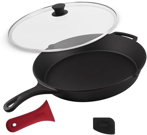 cuisinel 15 Cast Iron Skillet + Glass Lid Cover + Pan Scraper + Heat-Resistant Silicone Handle Grip - Pre-Seasoned Oven-Safe Kitchen Cookware - Indoor/Outdoor - Camping, Grilling, BBQ, Oven Safe