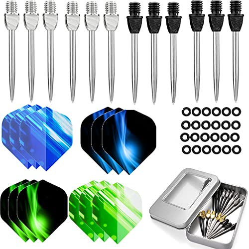 Ohaoduo 12pcs Edelstahl Dartpfeil-Spitzen Schwarz,Silber,Gold 2BA Steel dartpfeile Spitzen Metall,Steel Dart Tip + 12 pcs Dartpfeil-Flights und Dart gummiring in Aluminiumbox (12pcs yinzhen)