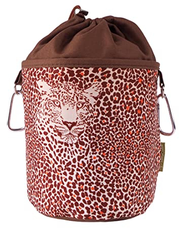 Tragbarer Wäscheklammerbeutel zum Aufhängen, Baumwolle mit 2 stabilen Karabinerhaken, Zugkordelverschluss und Metallstopper zur Aufbewahrung von Wäscheklammern, Ø 17 cm x 28 cm, Design: Leopard braun