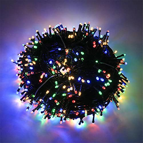 Luccika stringa natalizia con luci a led su cavo verde per uso interno ed esterno controller 31V con 8 giochi di luce e memoria (Multicolore, 15 Metri con 300 Led)