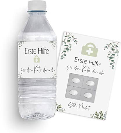 Nastami 20 x Set Für den Kater danach Eucalyptus 20 Banderolen für Wasserflasche + 20 Postkarten