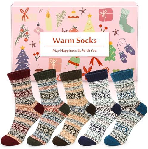 Airabc 5 Paar Thermosocken Damen, Wollsocken, Warme Wintersocken Damen, Dicke Stricksocken, Winter Damen Socken Bunte Gemütlich und Atmungsaktiv/EU-Größe 35-42