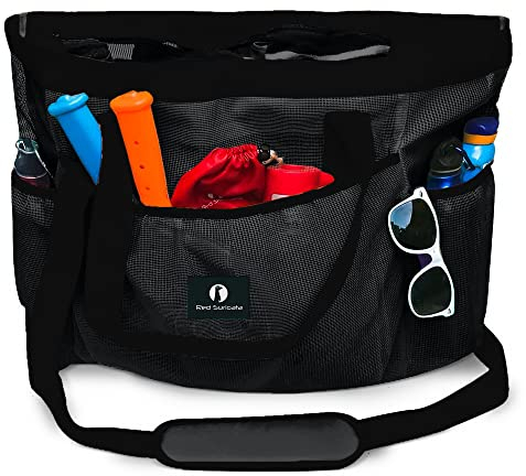 Red Suricata Strandtasche aus Netzstoff, große Strandtasche mit Taschen, Taschen und Strandtaschen für Damen, mit YKK-Reißverschluss, schwarz / schwarz, XL