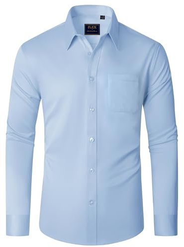 J.VER Mens Shirts Non Iron Plain Men's Long Sleeve Regular Fit Stretch Dress Business Formal Light Blue Shirt L