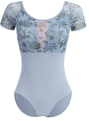 IMEKIS Damen Blume Ballettanzug Kurzarm Rückenfrei Tanzbody Ballett Trikot Top Gymnastikanzug Ballettkleidung Ballerina Tanzkleidung mit Abnehmbaren BH-Pad Blau XL