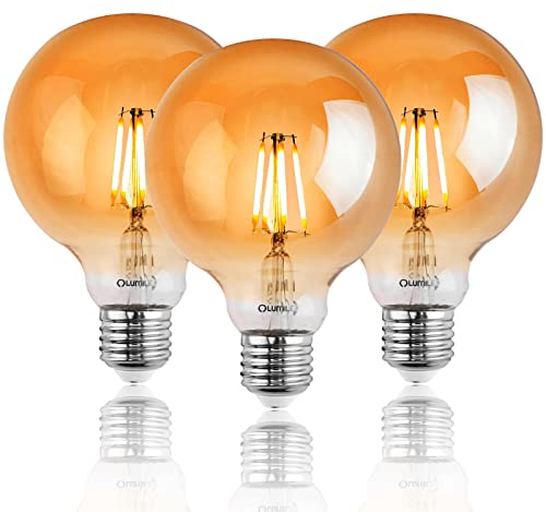 Lumiled 3x E27 LED Lampen G95 Vintage 6W Ersetzt 50W Glühlampe 660lm Leuchtmittel 2000K Warmweiß Glühbirne Retro Filament Amber Glas Große Kugel Deko 3 Stück Globe Birnen Haus Café Bar Ø95mm