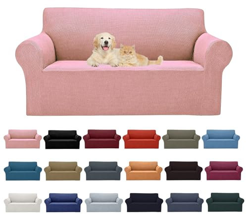 Copridivano elasticizzato per divano a 2 cuscini, protezione per mobili, con fondo elastico, in tessuto jacquard, a quadretti piccoli, per animali domestici e bambini, rosa antico