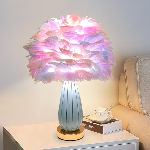 ZYLEISENBAO Bunte Federlampe, moderne Feder-Tischlampe, romantische Regenbogen-Nachttischlampe, nordisch, flauschig, Prinzessinnen-Nachttisch-Licht für Mädchen, Schlafzimmer, Wohnzimmer, Eingang, Büro