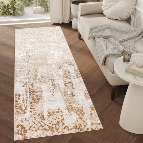 TAPISO Crystal Läufer Teppich Glänzend Beige Creme Braun Abstrakt Muster Flecken Wohnzimmer Schlafzimmer Flur Korridor Modern Design ÖKO-TEX 100 x 600 cm