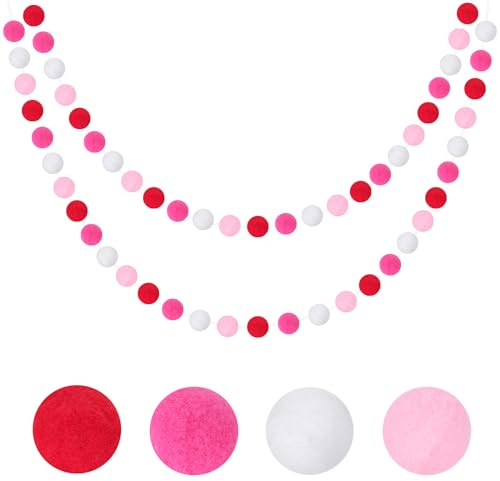 G2PLUS 2PCS Pre-strung Felt Pom Pom Garlands with 60 Balls for Valentine's Day, Rose Pink and White Felt Ball Garlands for Bedroom Party Decoration