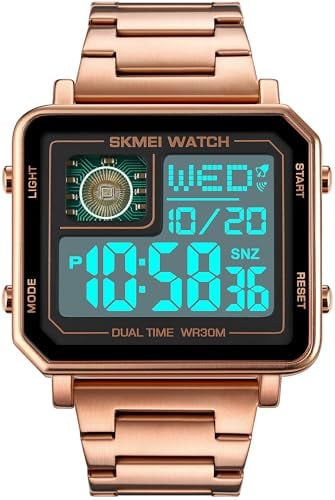 findtime Quadratische Herren Uhr Digital Rosegold Edelstahl Armbanduhr mit Doppelzeit Timer Stoppuhr Luxus Business Quarzuhr Vintage Retro Design